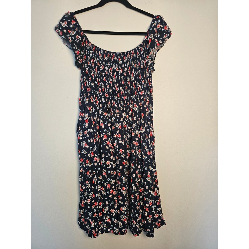 Cottagecore Torrid Floral Smocked Bodice Dress Womens 00 Navy Blue Pockets Rayon